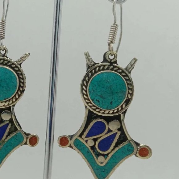 Turquoise Dangle Earrings, Nepalese Earrings, Turquoise Jewelry - Picture 5 of 6